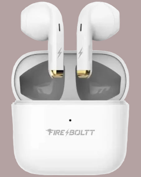 White wireless earbuds with charging case on a white background, featuring the Fire Boltt brand.