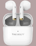 White wireless earbuds with charging case on a white background, featuring the Fire Boltt brand.