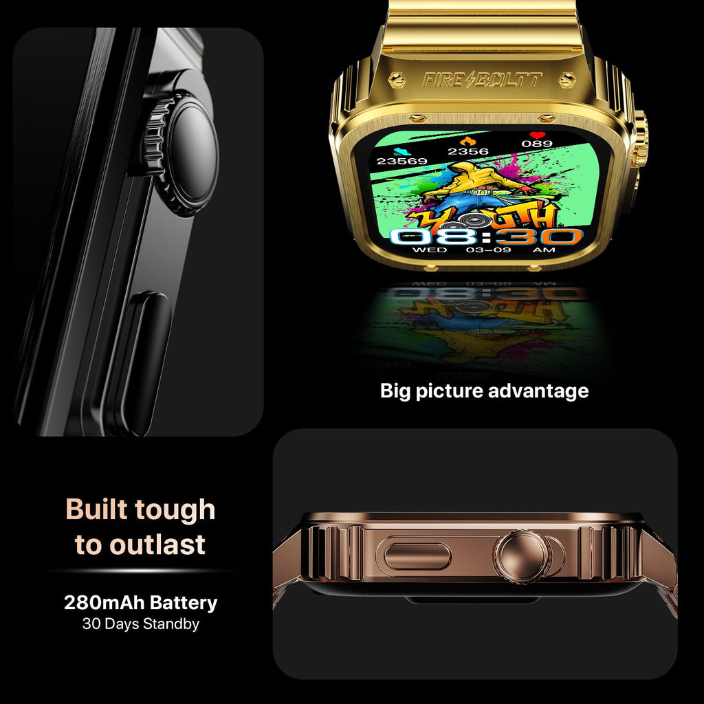 Gold smartwatch with colorful display, side view, and back view on a black background.