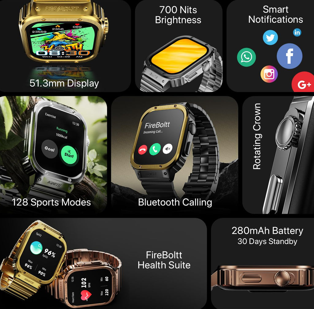 Smartwatch with various features highlighted on a dark background