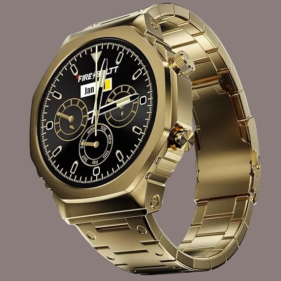 Gold wristwatch with a black face on a white background