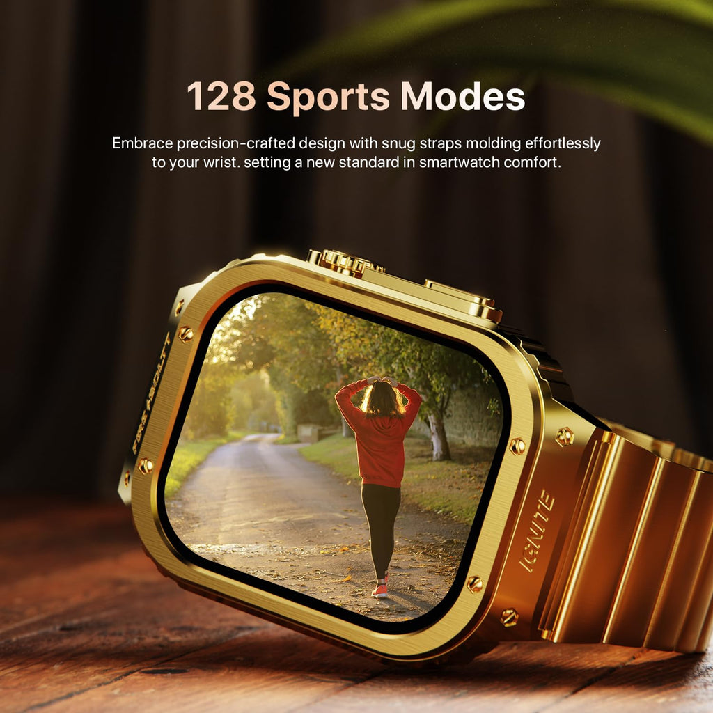 Gold smartwatch with a reflective screen showing a person exercising outdoors, on a wooden surface.