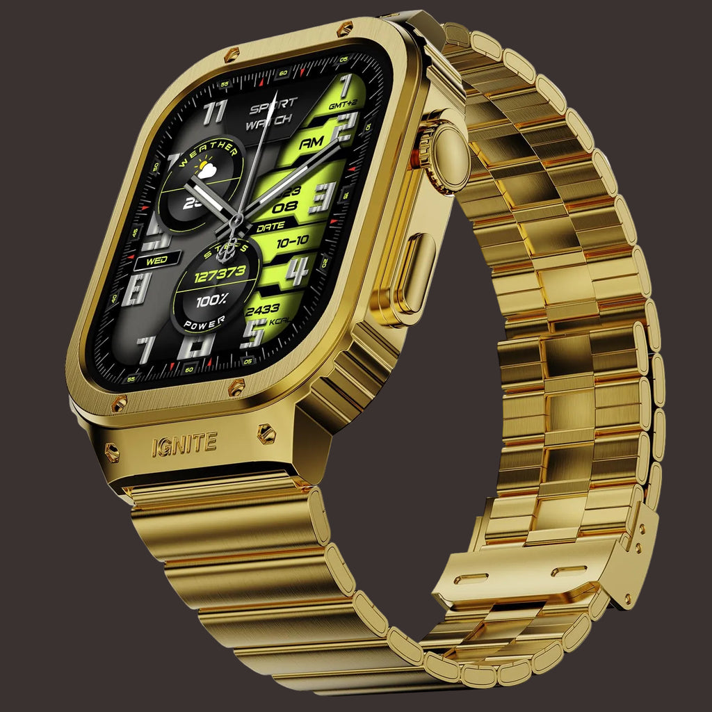 Gold smartwatch with a detailed digital display on a white background