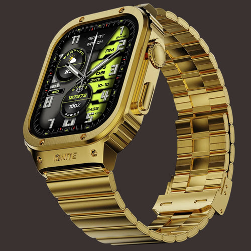 Gold smartwatch with a detailed digital display on a white background