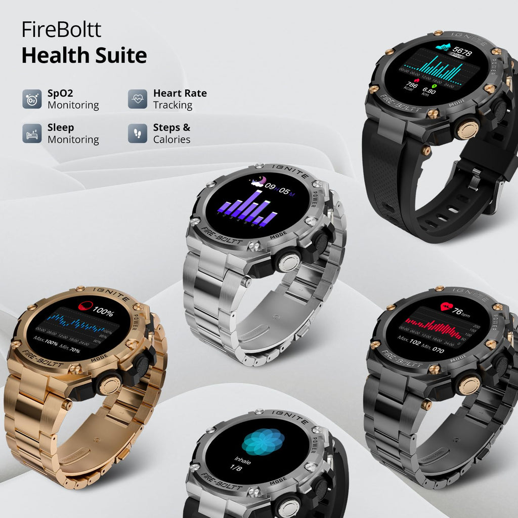 FireBoltt smartwatches with Health Suite features on a white background