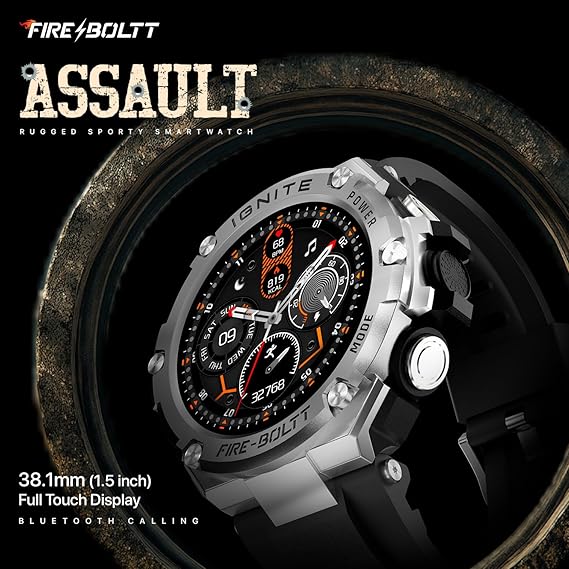 Fire Boltt Assault smartwatch with detailed display on a dark background