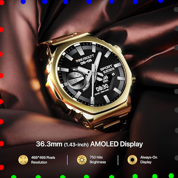 Gold smartwatch with black display on brown fabric background