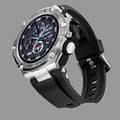 Black and silver smartwatch on a rocky surface with a gray background
