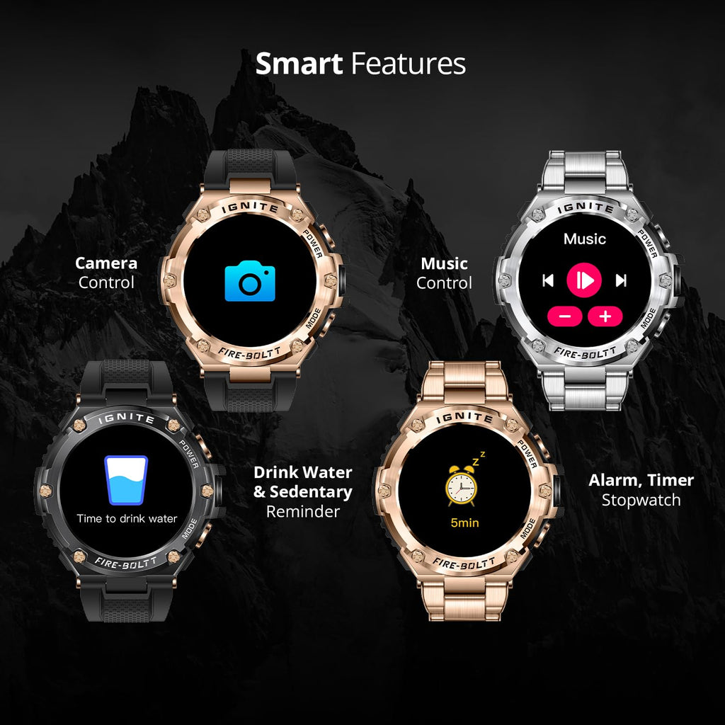 Four smartwatches with different features displayed on a dark background