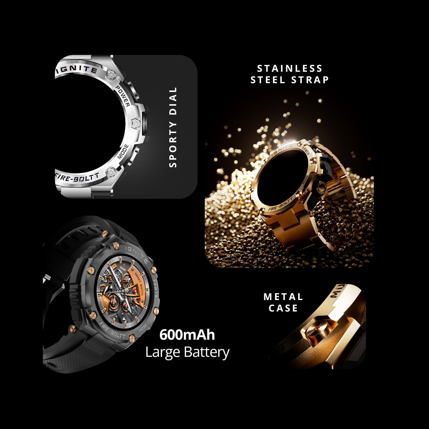 Collection of watches with features highlighted on a dark background