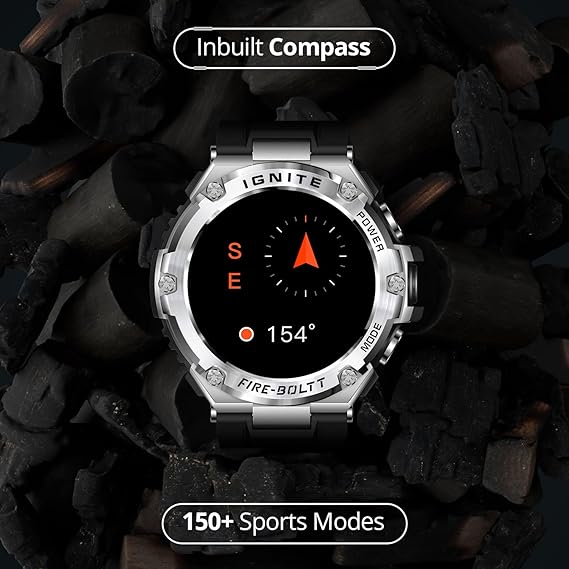 Smartwatch with compass display on a dark background