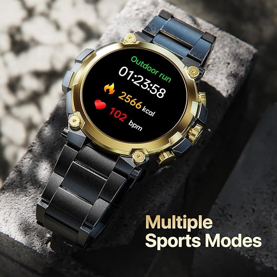 Smartwatch with a gold and black band on a stone surface, displaying fitness data.