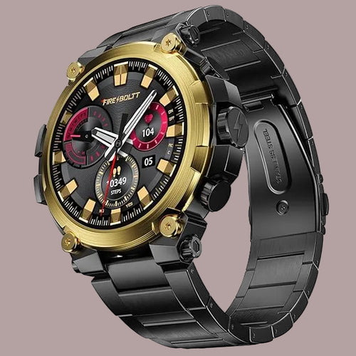 Black and gold smartwatch with detailed face on a white background