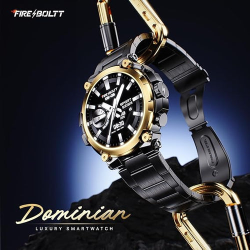 Luxury smartwatch with black and gold design on a dark background, featuring the brand 'Fire Boltt'.