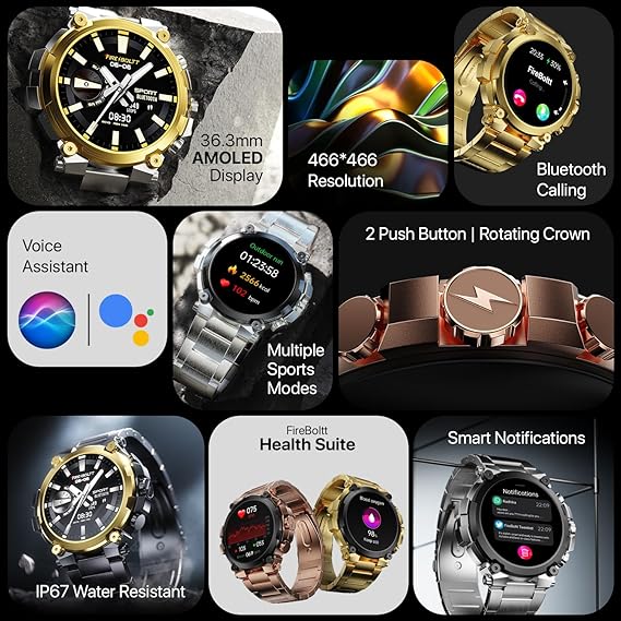 Collage of smartwatches with features highlighted on a black background