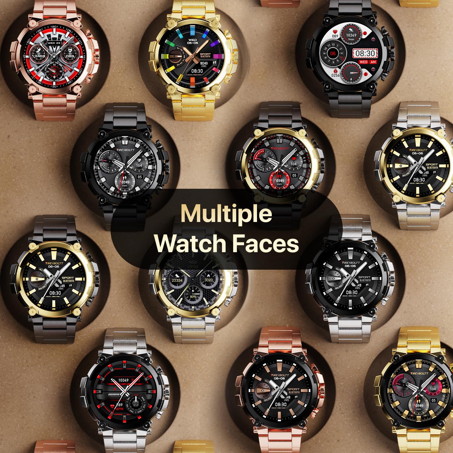 Collection of watches with various watch faces on a brown background