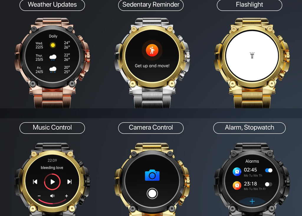 Smartwatch with various features displayed on a dark background