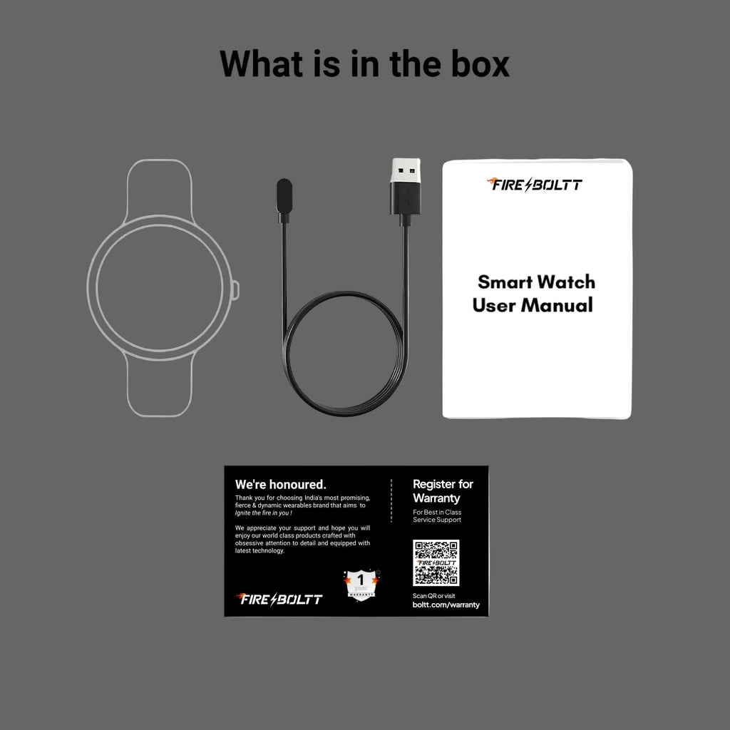 Smart watch packaging with cable, user manual, and FireBolt brand label on a white background