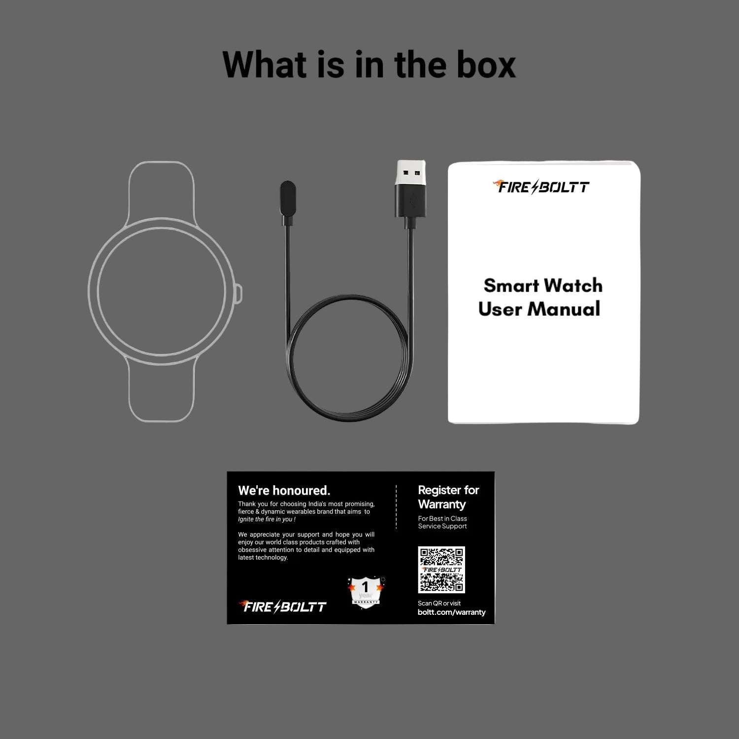 Smart watch packaging with cable, user manual, and FireBolt brand label on a white background