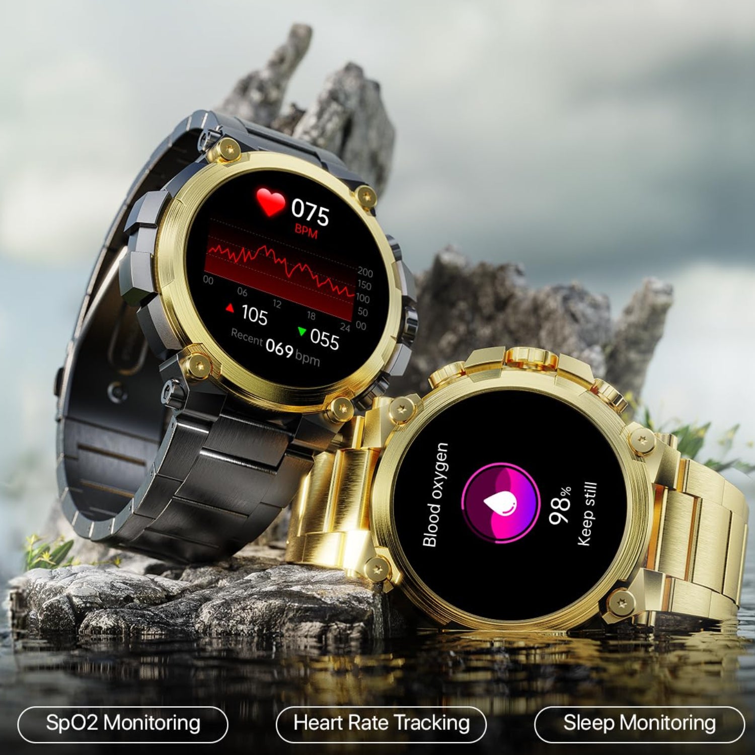 Two smartwatches with health monitoring features on a rocky background, branded 'FireBoltt'.