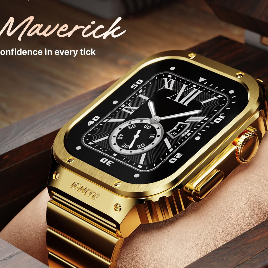 Gold wristwatch with black face on a wooden surface, featuring the Fire Boltt brand.