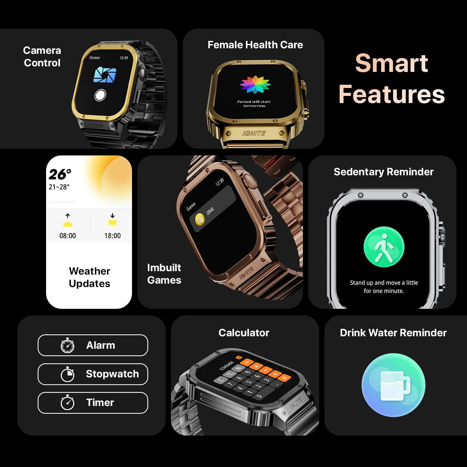 Smartwatch with various features displayed on a dark background