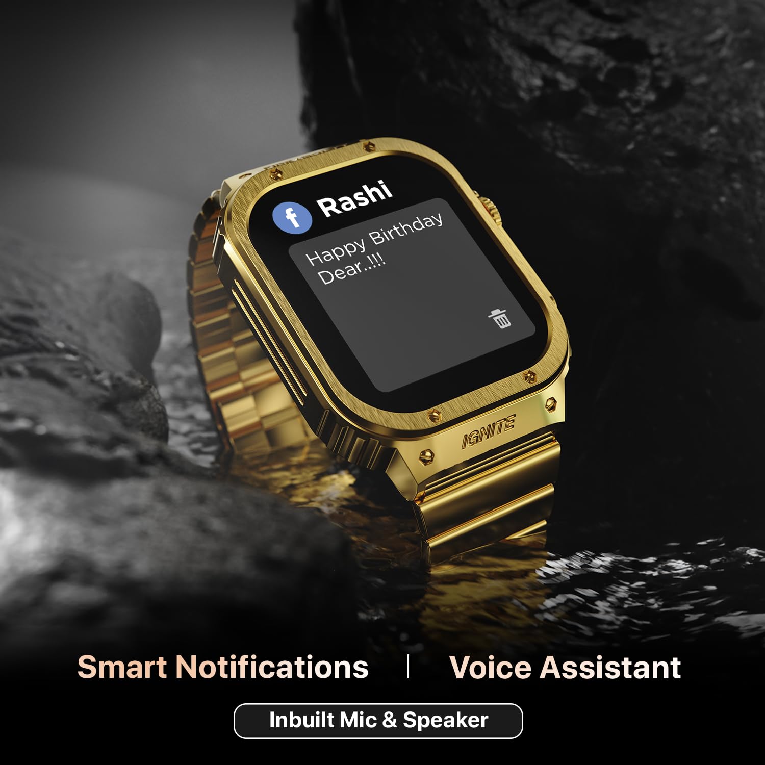 Gold smartwatch with app notifications on a dark background
