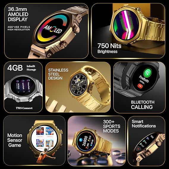 Smartwatch with various features highlighted on a black background