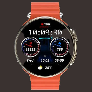 Smartwatch with an orange band displaying various metrics on a black background