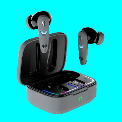 Wireless earbuds with charging case on a white background