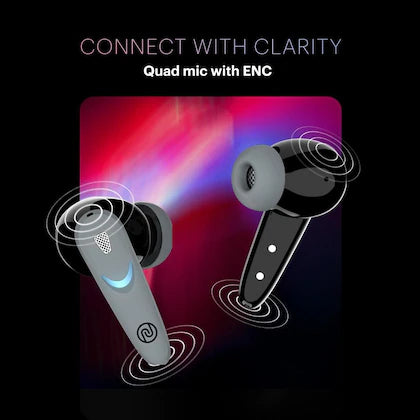 Wireless earbuds with quad mic and ENC technology on a dark background