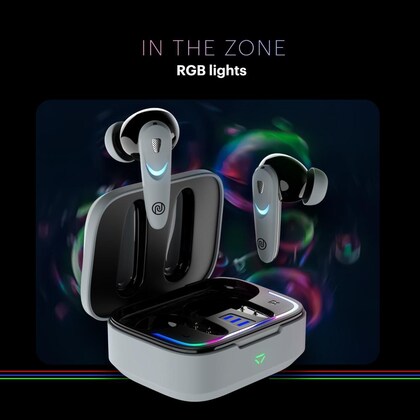 Wireless earbuds with RGB lighting effects on a dark background