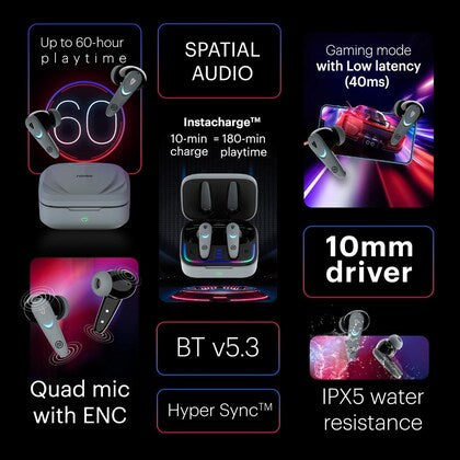 Gaming earbuds with features highlighted on a black background