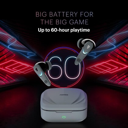 Wireless earbuds with charging case on a dark background, highlighting 60-hour playtime.