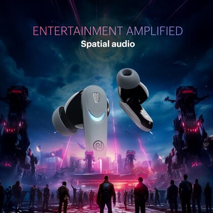 Futuristic earbuds with robots and people in a sci-fi setting, featuring the text 'Entertainment Amplified' and 'Spatial audio'.